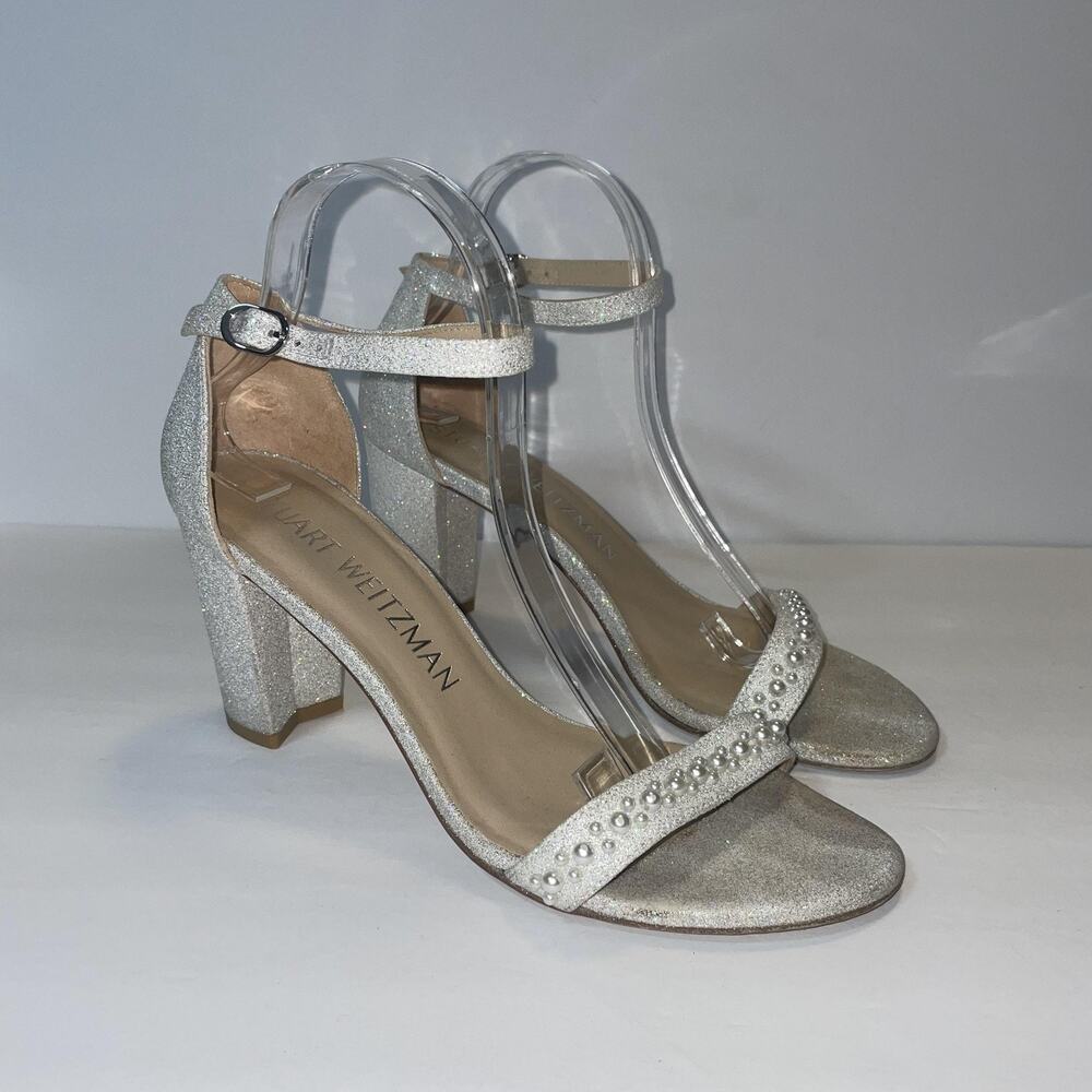 Stuart Weitzman Shoes Womens Size 9 Silver Strappy Block Heel Ankle Strap Beaded